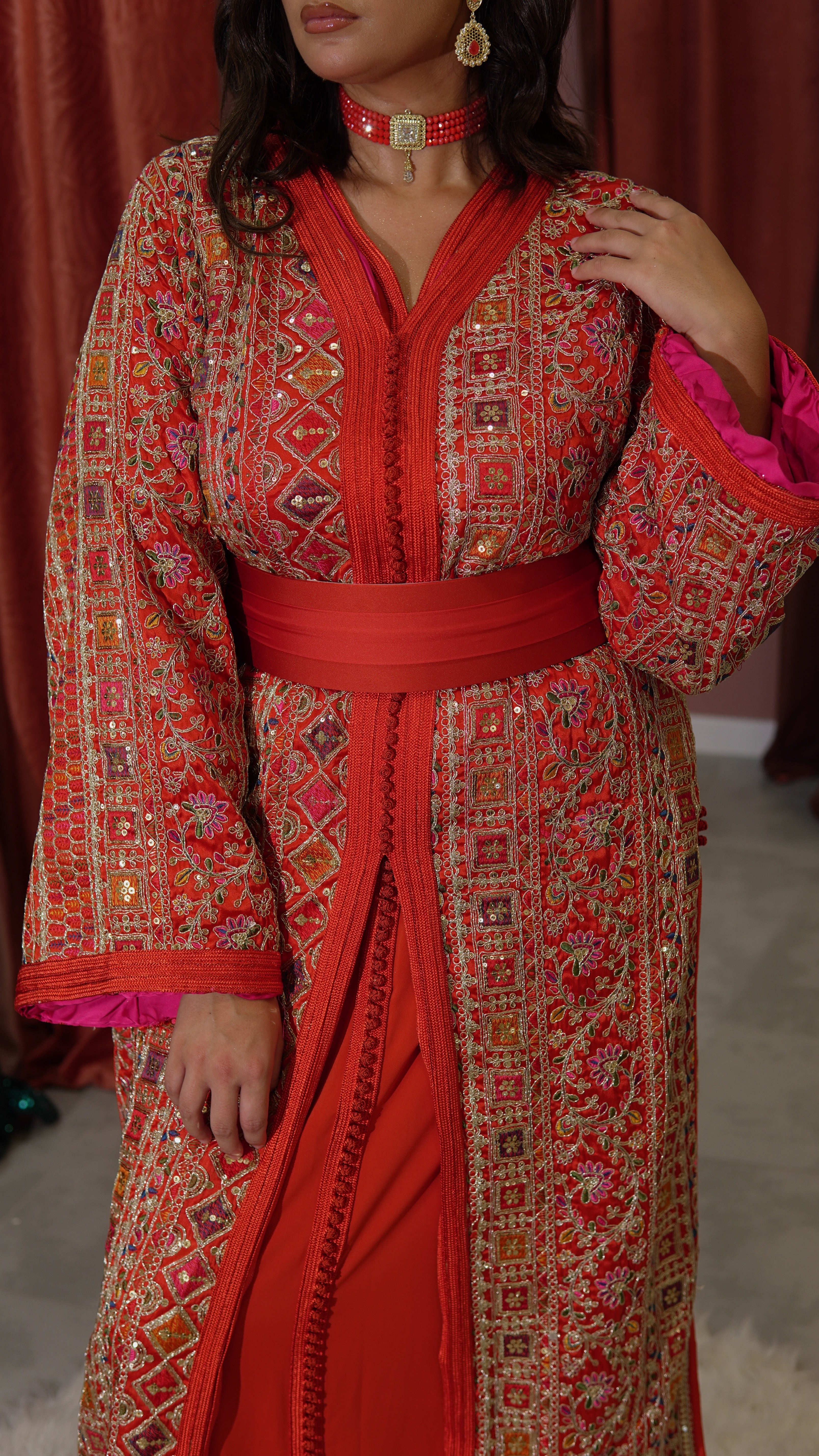 Takchita Sari orange & rose fushia "Nahla"