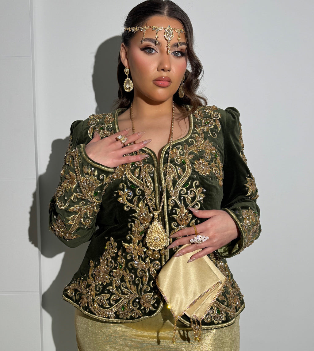 Karakou vert kaki perlé "Kahina" - haute couture