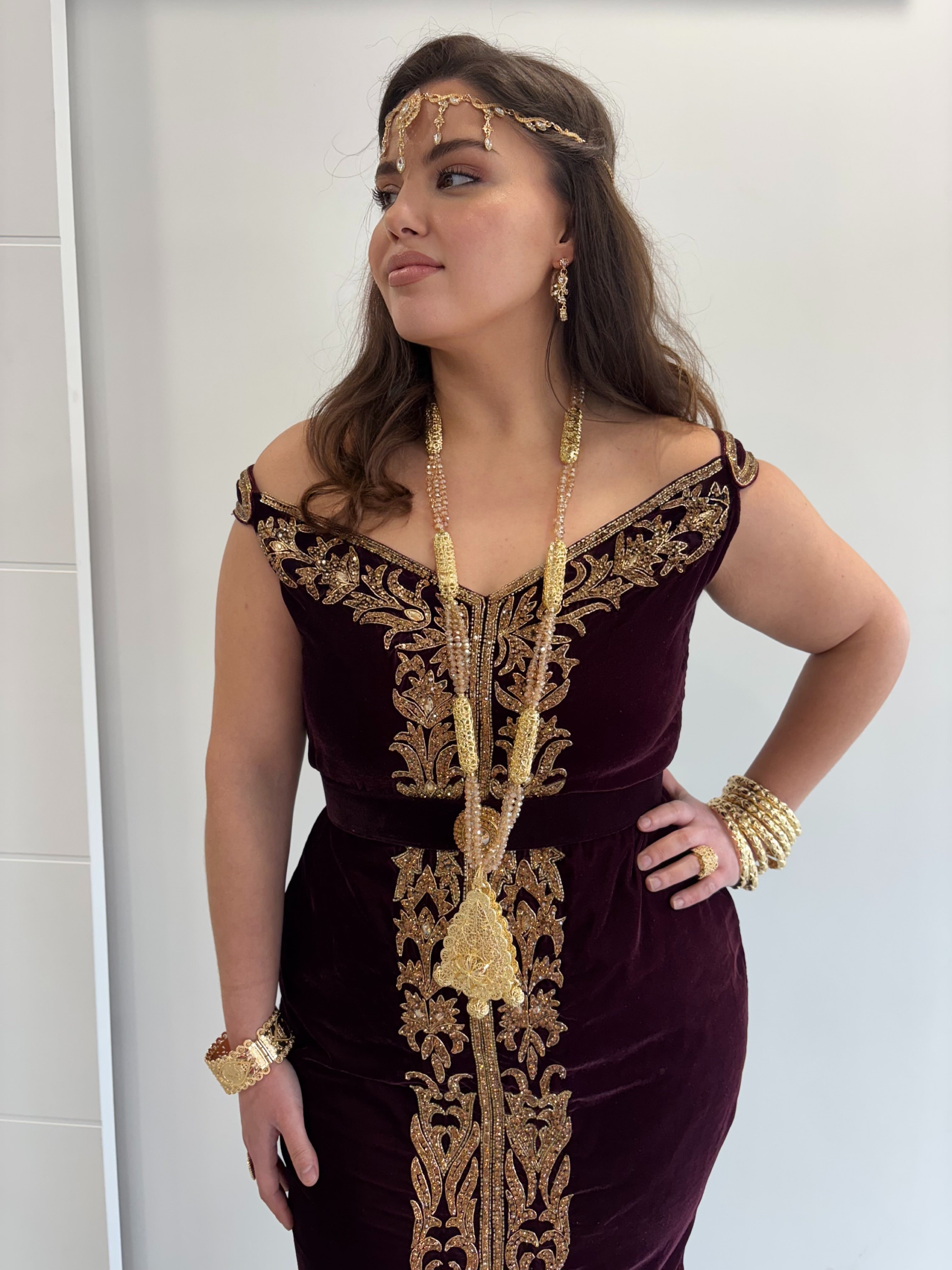 Fergani moderne « Loubna » – Velours prune & broderies dorées