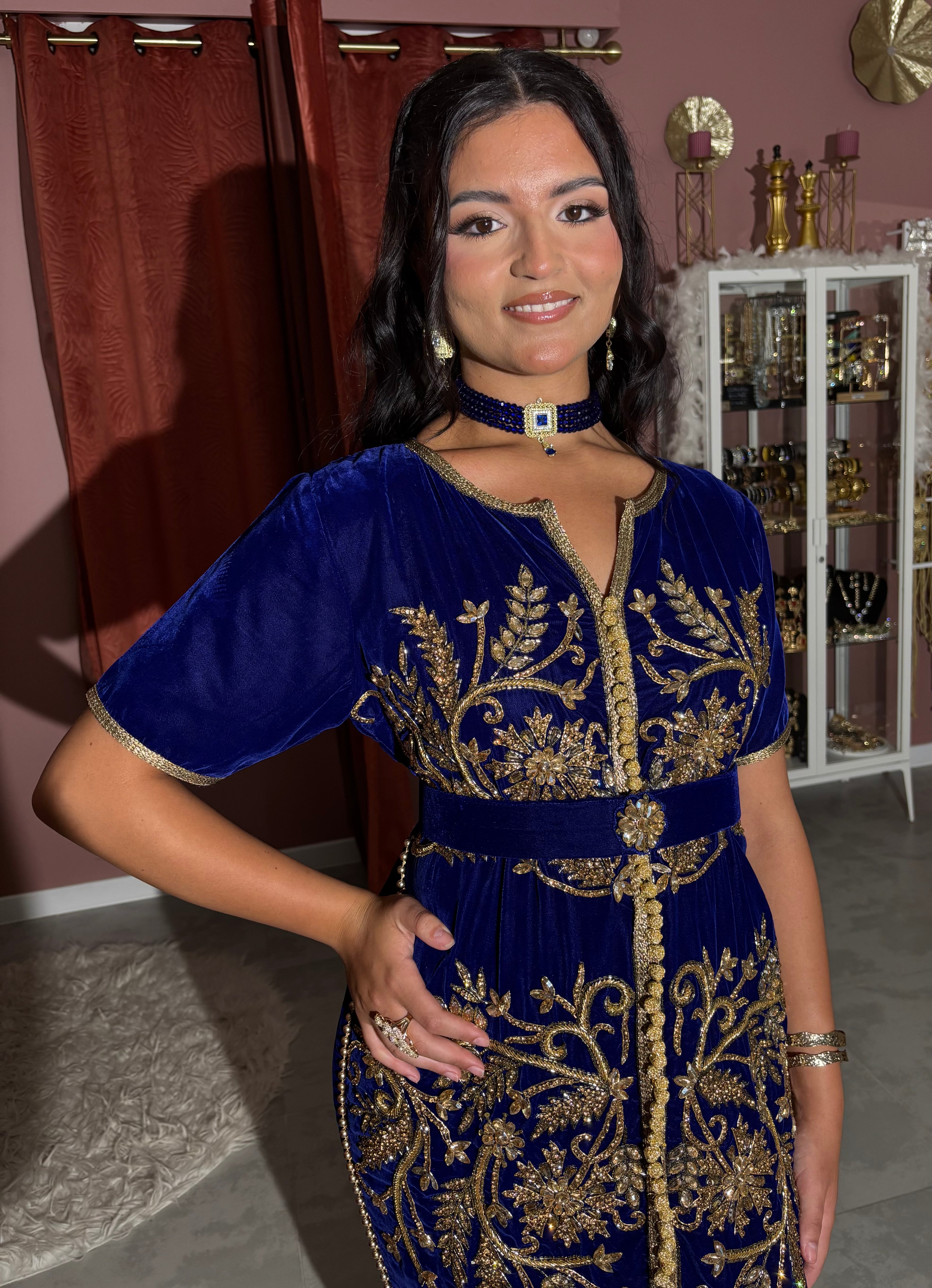 Caftan court bleu perlé "Nouria"